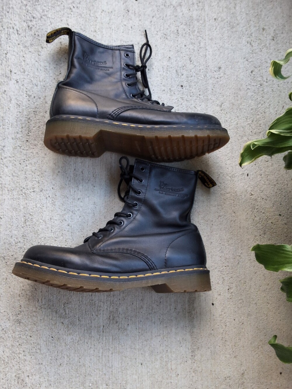 Dr. Martens Black Leather 8-Eye Combat Boots with Yellow Stitching